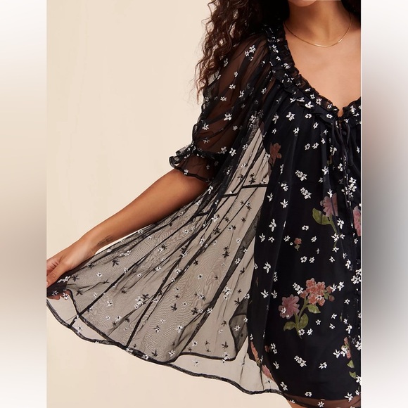 Free People With Love mesh Floral Mini Dress Black sheer Size S Boho Romantic - Picture 3 of 8